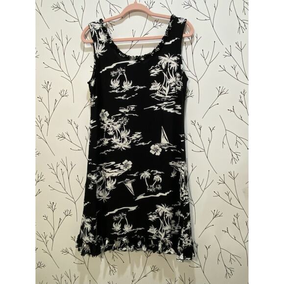 VTG PARADISO Womens M Black White Hawaiian Tropical Flowy Rayon Dress Summer - Picture 4 of 5